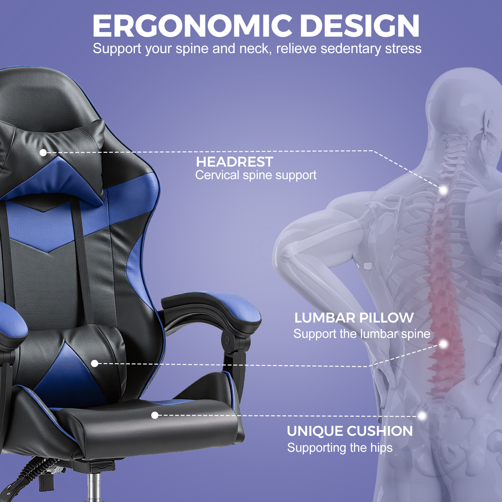 Gaming Reclining Swivel Chair For Adults,Ergonomic Racing PC With Lumbar Support — image 6