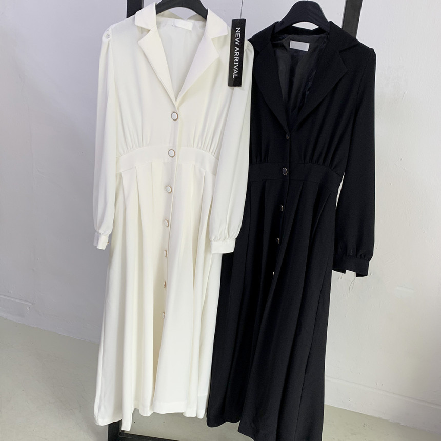 Women's Lapel Puff Sleeve Slim-Waist Single-breasted Long Dress