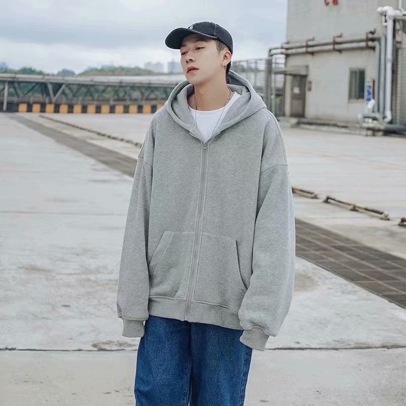 Cardigan Sweater Men Loose Hoodie Solid Color Casual