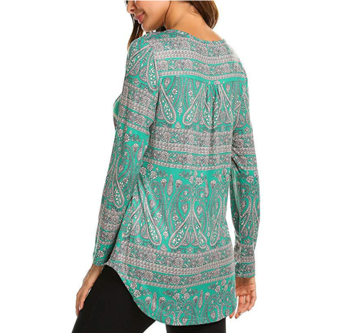 European And American Women's Printed Loose V-Neck Front Long Back T-Shirt