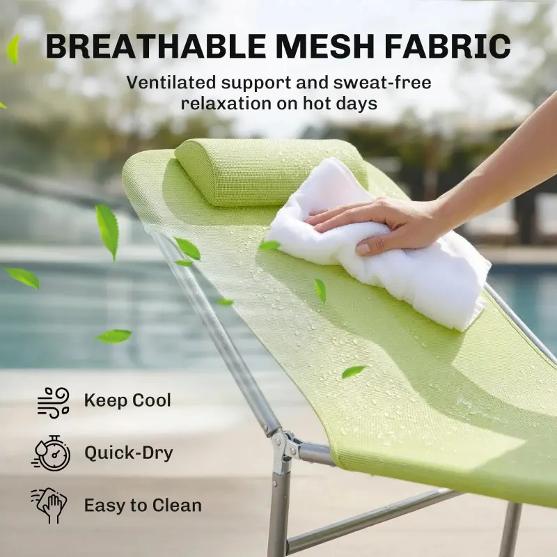Folding Chaise Lounge Pool Chairs, Outdoor Sun Tanning Chairs With Pillow, Reclining Back, Steel Frame & Breathable Mesh For Beach, Yard, Patio, Green