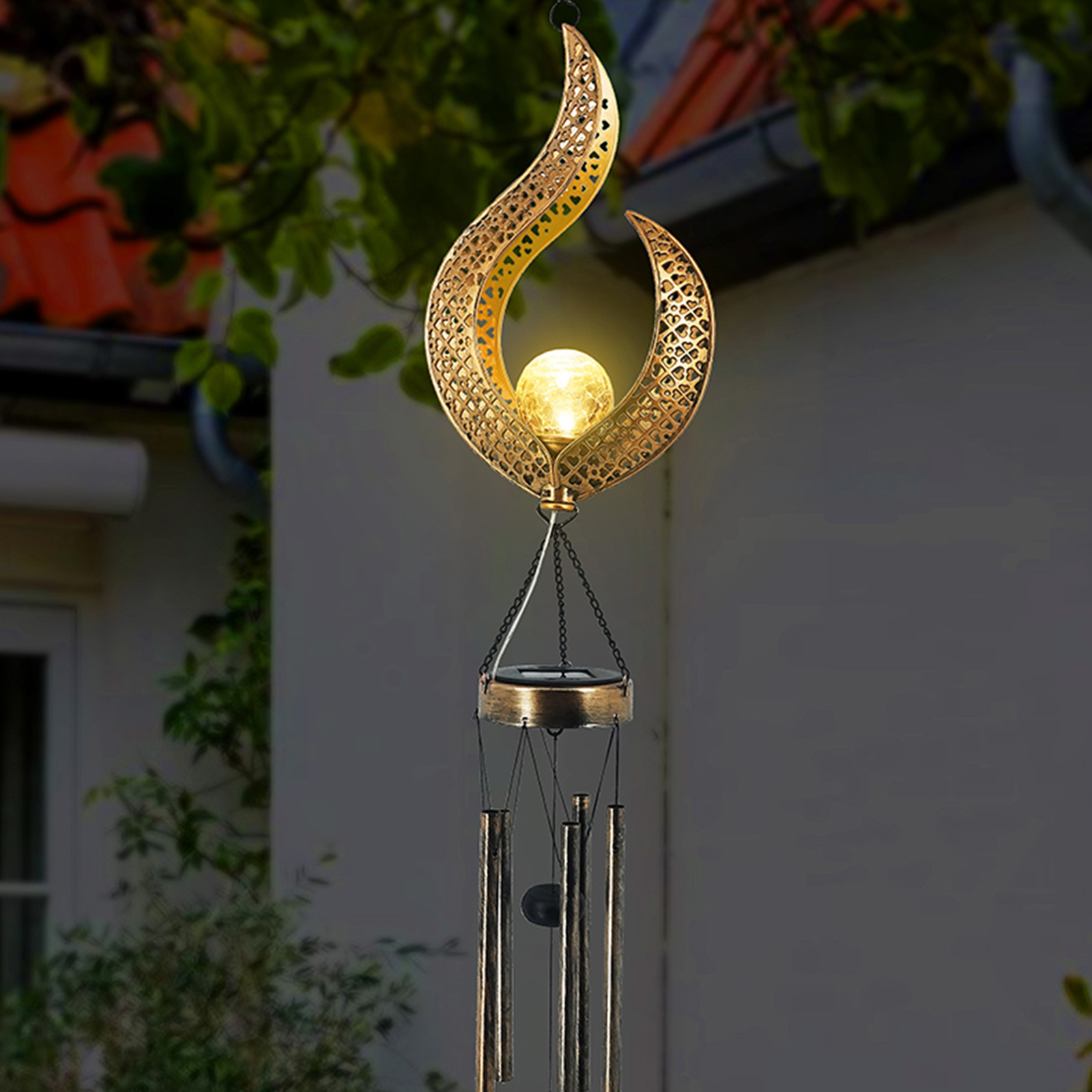 Solar Wrought Iron Wind Chime Lamp Outdoor Hollow Flame Sun Moon Lamp Garden Flame Suspension — foto 3