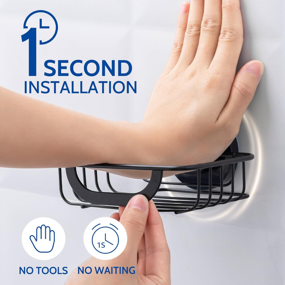 Stainless Steel Soap Holder With Suction Cup & Hooks, Black Wall-Mounted Soap Dish For Bathroom & Shower 5