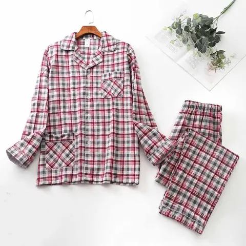 Long-sleeved Trousers and Brushed Plaid Pajama Set
