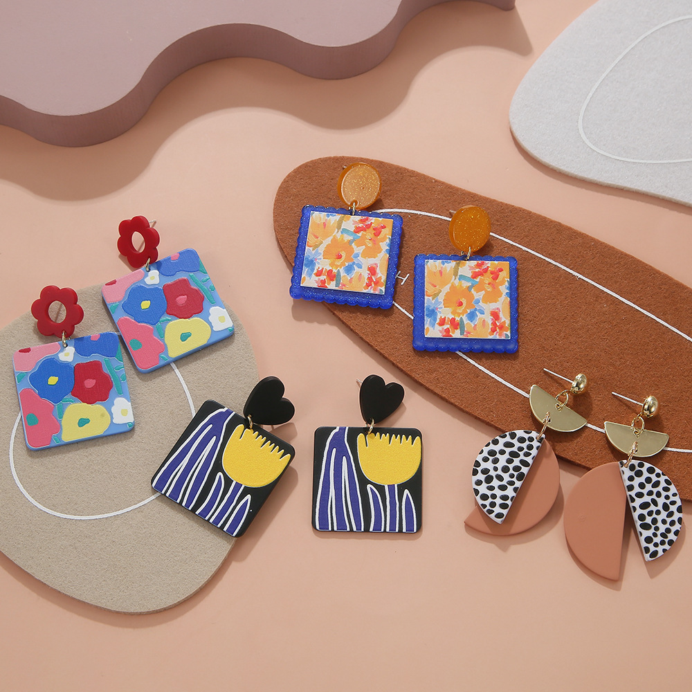 Ins Cartoon Acrylic Print Earrings Spotted Spray Clay Paint