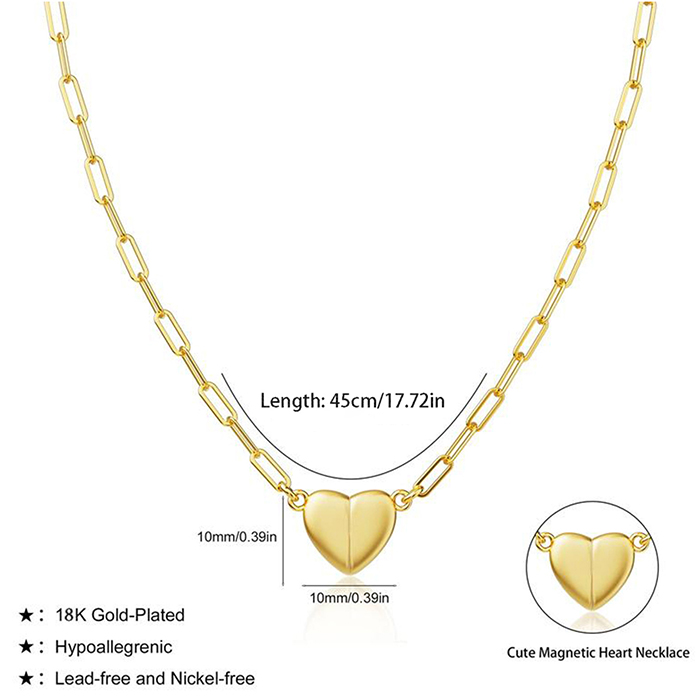 Magnetic Heart Matching Necklace For Couples, 18K Gold Rose Gold Plated Stainless Steel Paperclip Chain, Relationship Friendship Gift