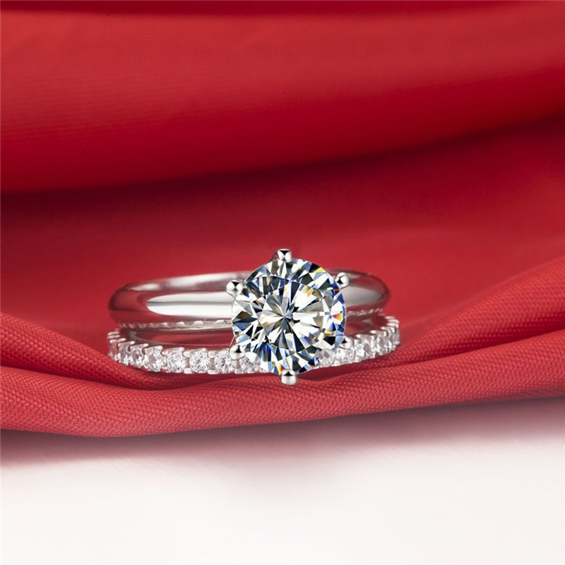 925 Silver Gold-plated Six-claw Ring With Moissanite Female T Carbon Diamond — foto 6