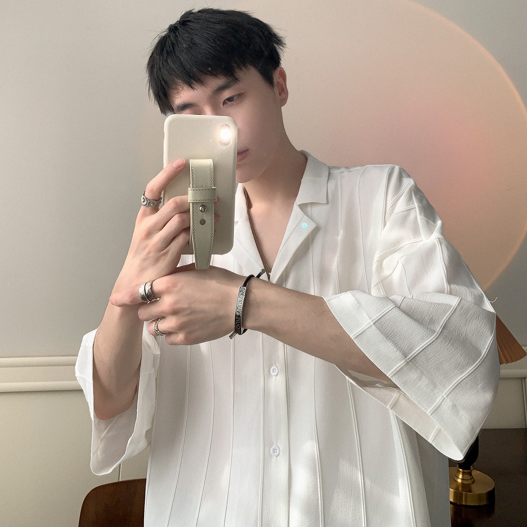 Men's Short Sleeved Summer Thin Solid Color High-end Striped Shirt