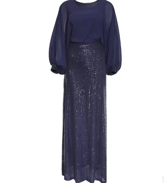 African Women's Beads Chiffon Party Evening Dress Big Size - Navy Blue