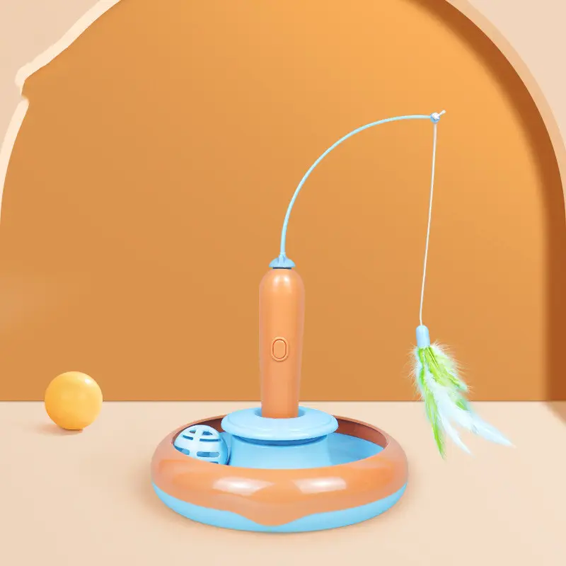 2 In 1 Pet Cat Toy With Feather For Self-play Turntable Pets — Orange Blue