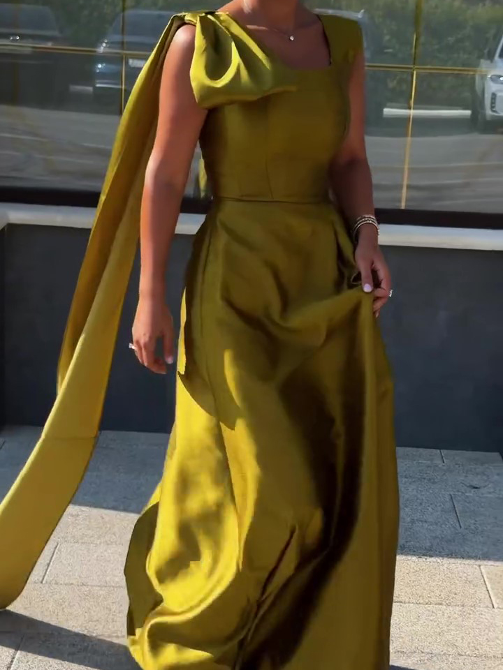 One-Shoulder Bow Cape Taffeta Ball Gown With Lace-Up Back