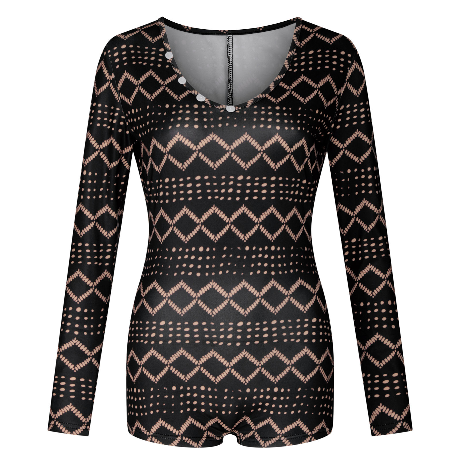 Geometric Print Long Sleeve Deep V Neck Buttoned One Piece Swimsuit - Image 5