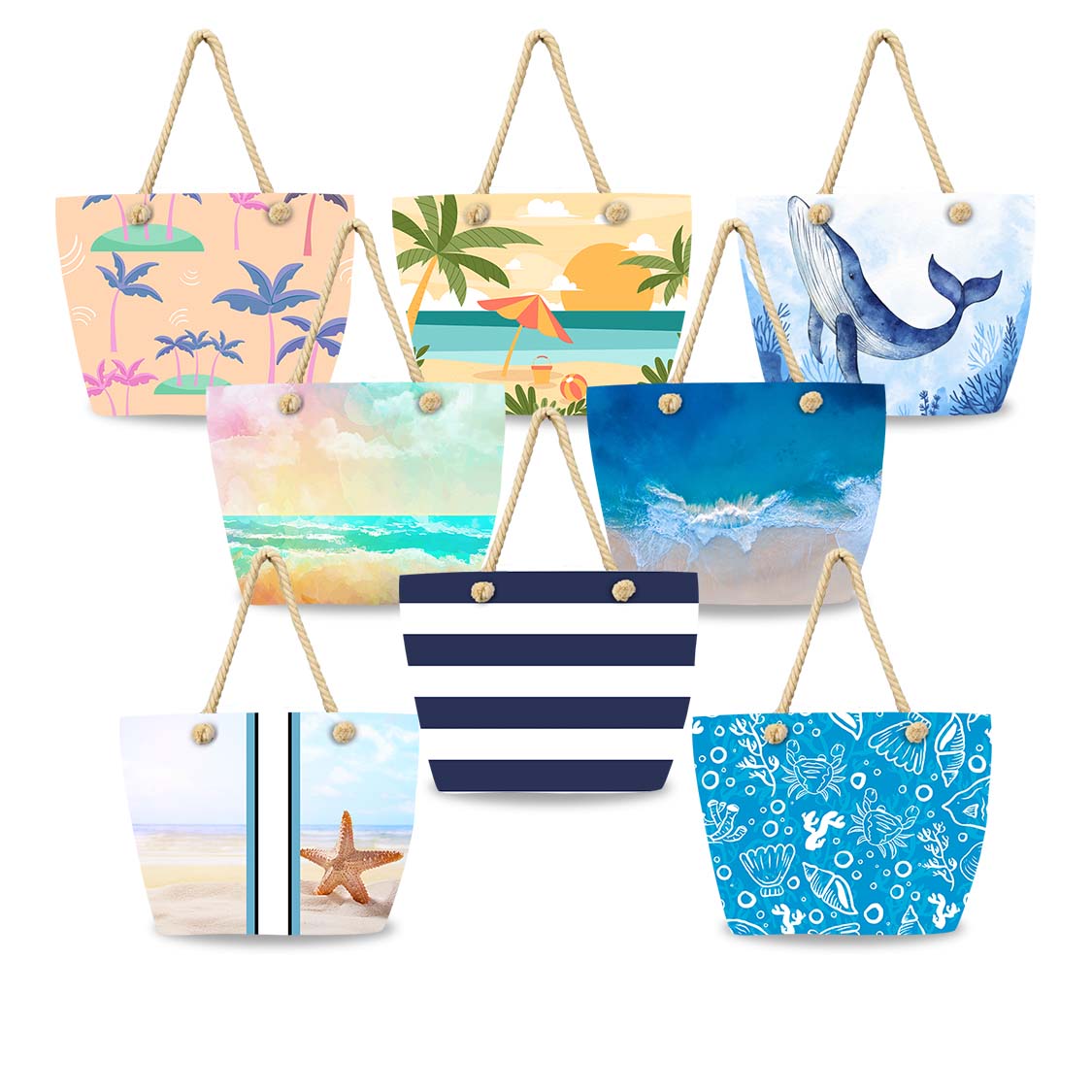 Waterproof Beach Tote Bag for Women. MATERIAL: Unique outer canvas material, inter polyester, hemp rope handle, foldable, easy to clean, waterproof and sandproof, durable and washable. LARGE BEACH BAG: Size 22.83 X 7.87 X 14.96 inch, there is enough space