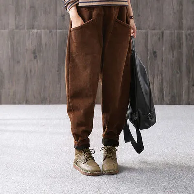 Elastic Waist Thin Striped Velvet Loose Casual Pants Coffee - Shop at LoveMi