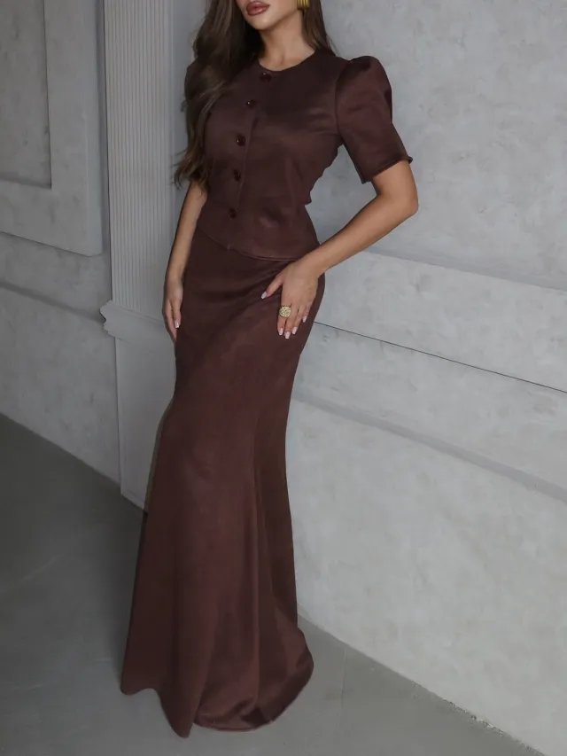 Brown Commuter Puff Sleeve Suede Top Fishtail Skirt Set Brown - Shop at LoveMi