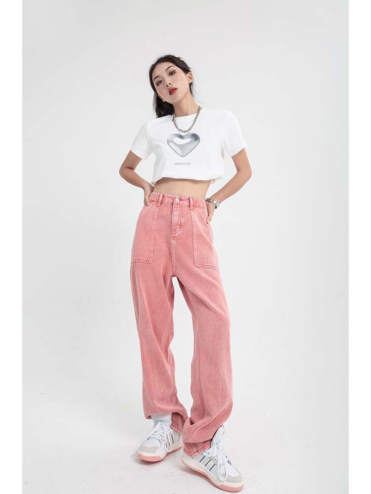 Women's Retro Straight Wide Leg Trousers Pink - Shop at LoveMi