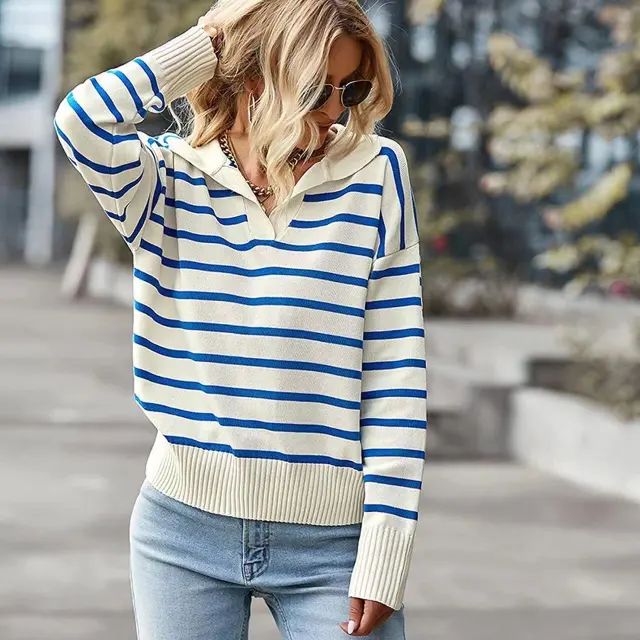 Casual V neck Lapel Striped Sweater Fashion Long Sleeve Tops For Womens Clothing Blue - Shop at LoveMi