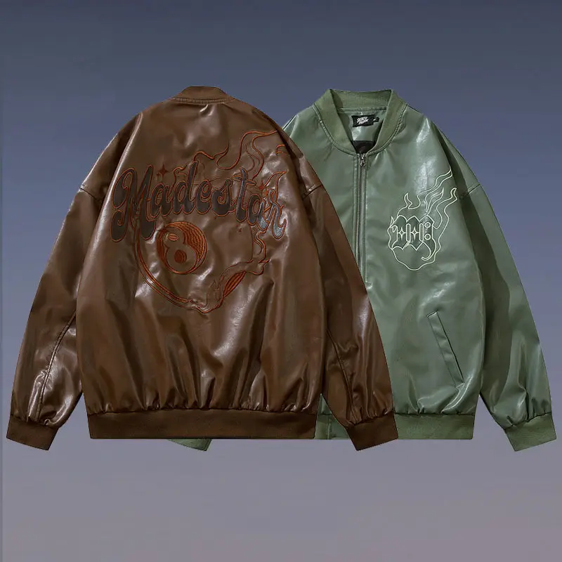 PU Faux Leather Loose Baseball Jacket