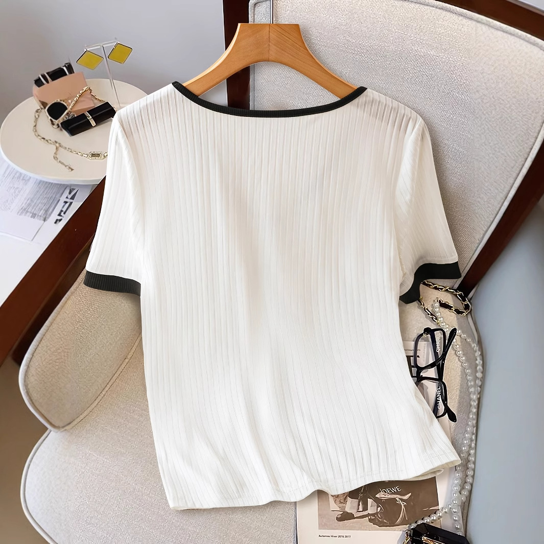 Women’s Casual V-neck Short Sleeve Button Design Color Contrast T-shirt Top
