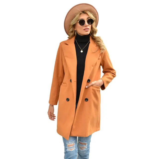 Women's Long Lapel Solid Color Woolen Coat Khaki - Shop at LoveMi