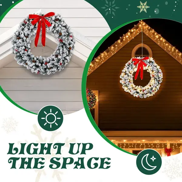 48in Pre-lit Snow Flocked Christmas Wreath, Lighted Artificial Xmas Wreath With 150 Warm White Lights And 450 PVC Tips And DIY Ornaments, For Front Door Gate Wa