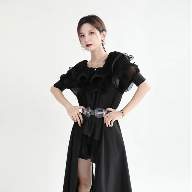 Ruffled Pleated Chiffon Panel Shirt Dress Black - Shop at LoveMi