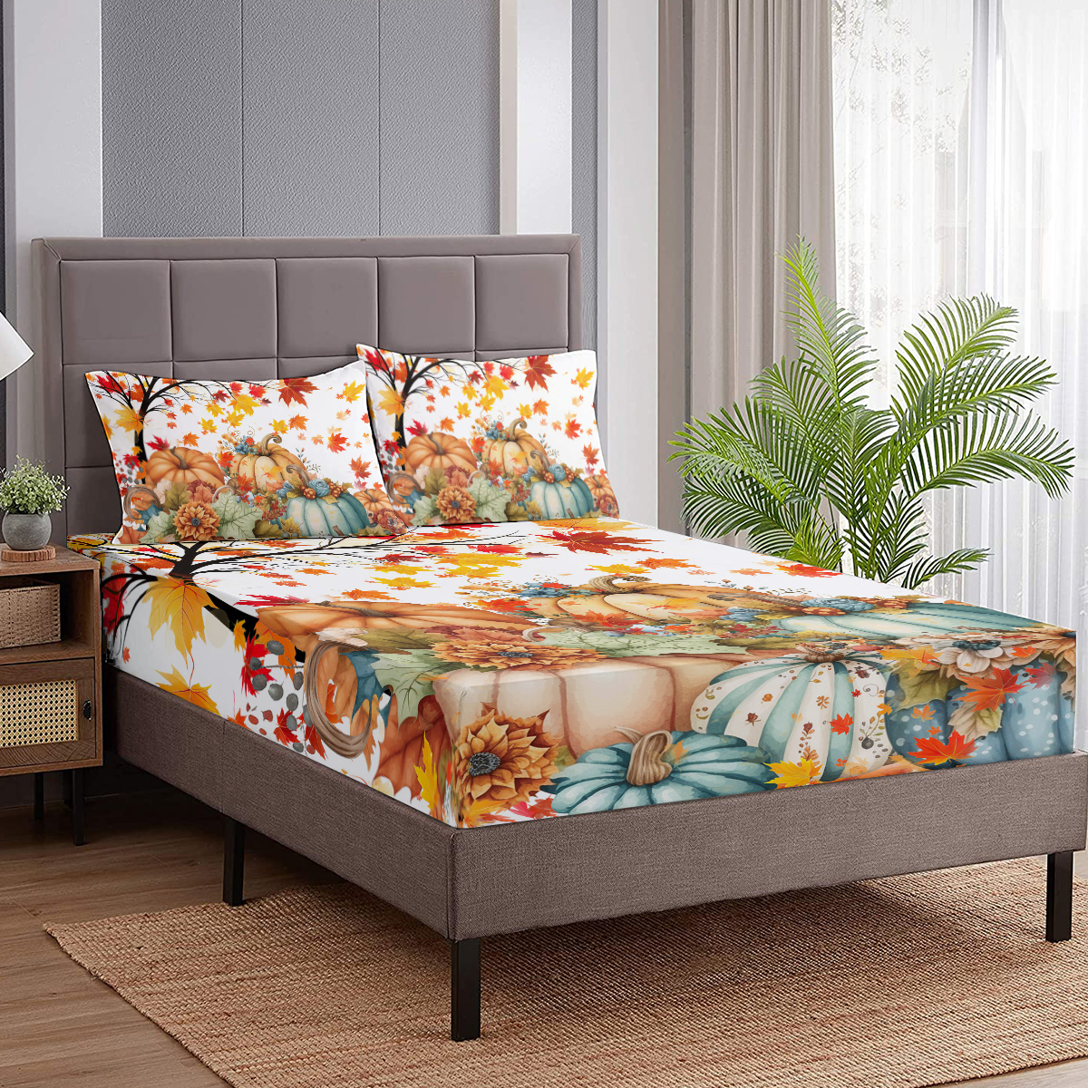 3PCS Pumpkin Flower Printed Bed Fitted Sheet Set, Halloween Bedding Set,1 Fitted Sheet, 2 Pillow Cases