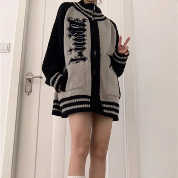 American Retro Cardigan Knitted Coat Women's Zip Sweater Gray - Shop at LoveMi
