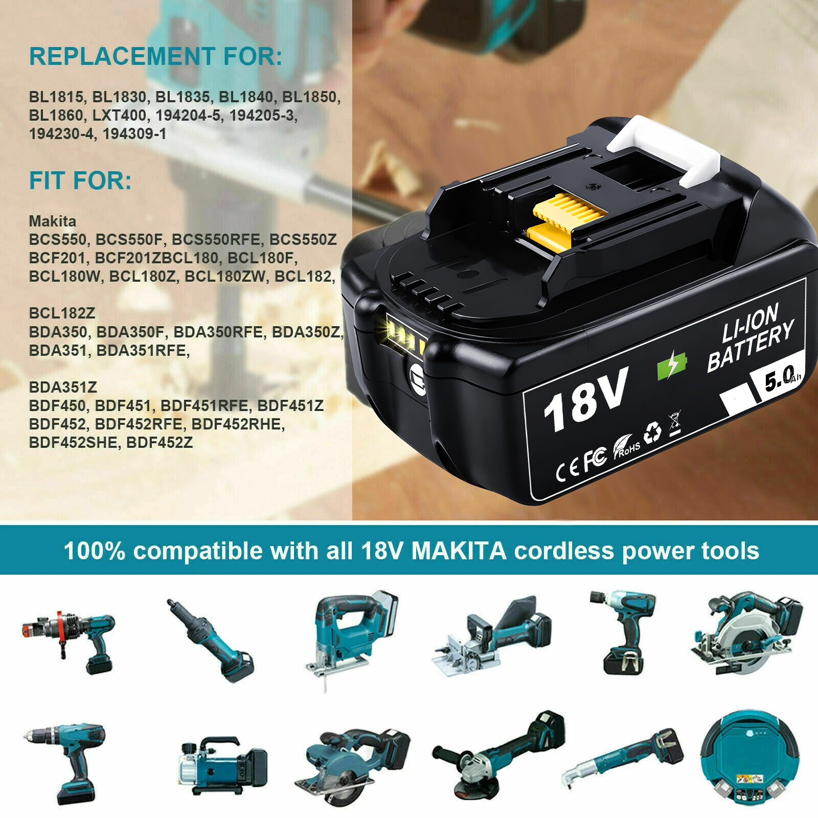 2 Pack For  18V Battery 5.0Ah Li-Ion BL1830 BL1850 BL1860 BL1840 LXT LED