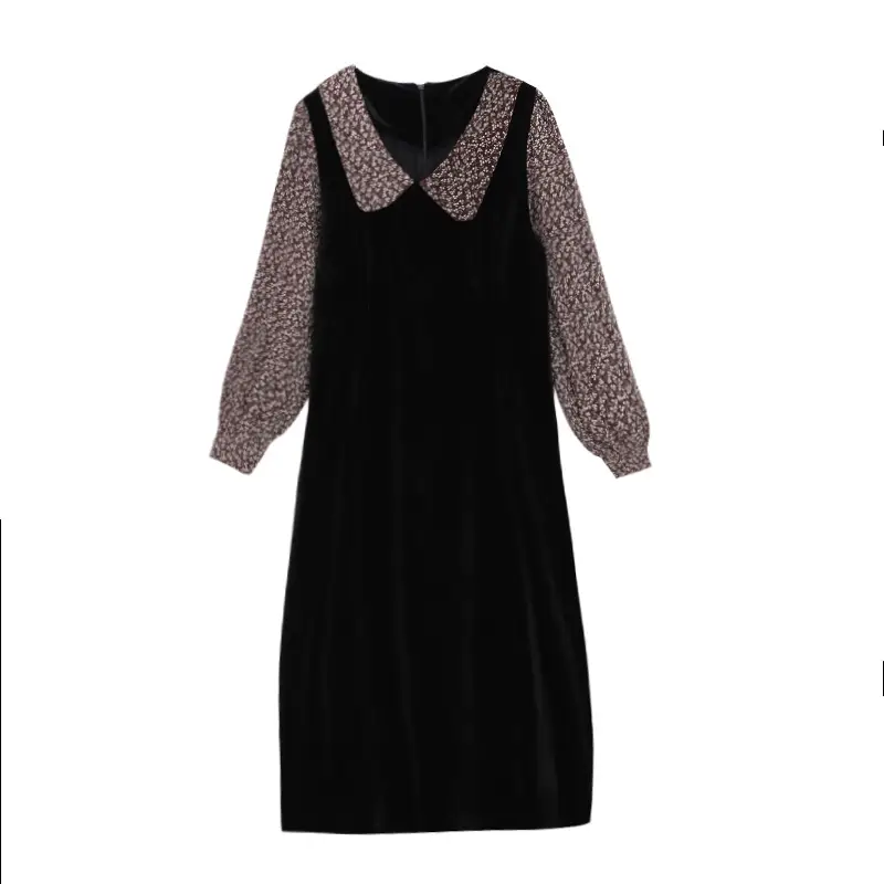 Gold Velvet Western Style Slim Long-sleeved Dress