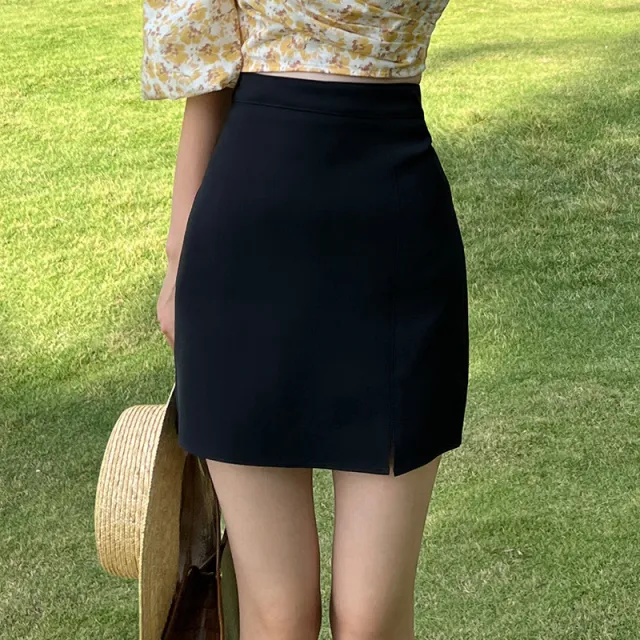 Women's Solid Color Split A Line High Waist Slim Skirt Black - Shop at LoveMi