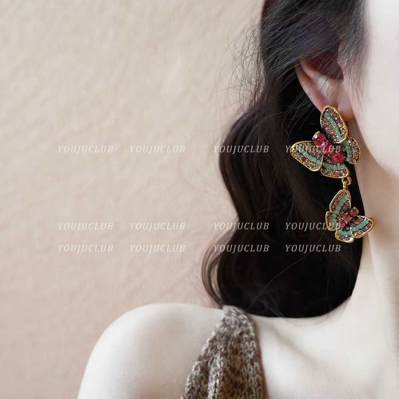 Retro Colorful Butterfly Earrings With Full Rhinestones, High-end Luxury Ear Jewelry