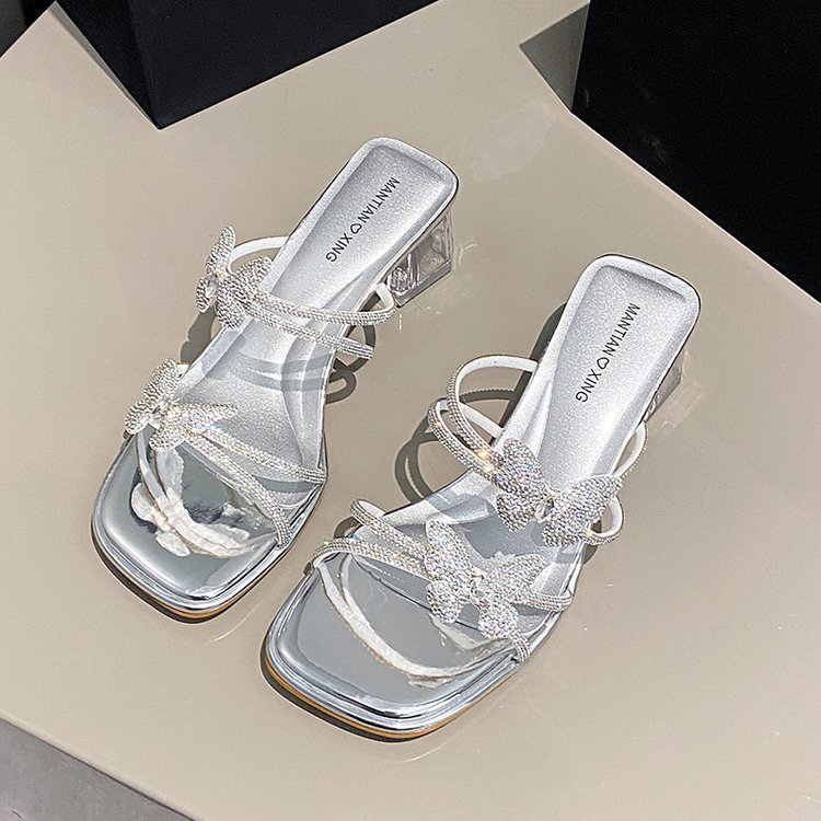 Fairy French Water Diamond Butterfly Wind Slope With Cool Slippers For Women's Summer Outerwear, Beautiful New Style With One Word Strap And Square Heel