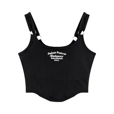 Letter Embroidery Small Suspender Vest Women Slim Short Outer Wear Top Black - Shop at LoveMi