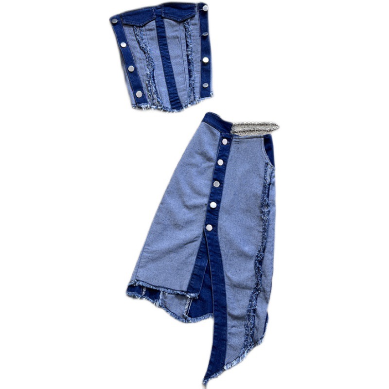 Denim Desire Pure Wind Waist Tube Top Irregular Short Skirt Suit