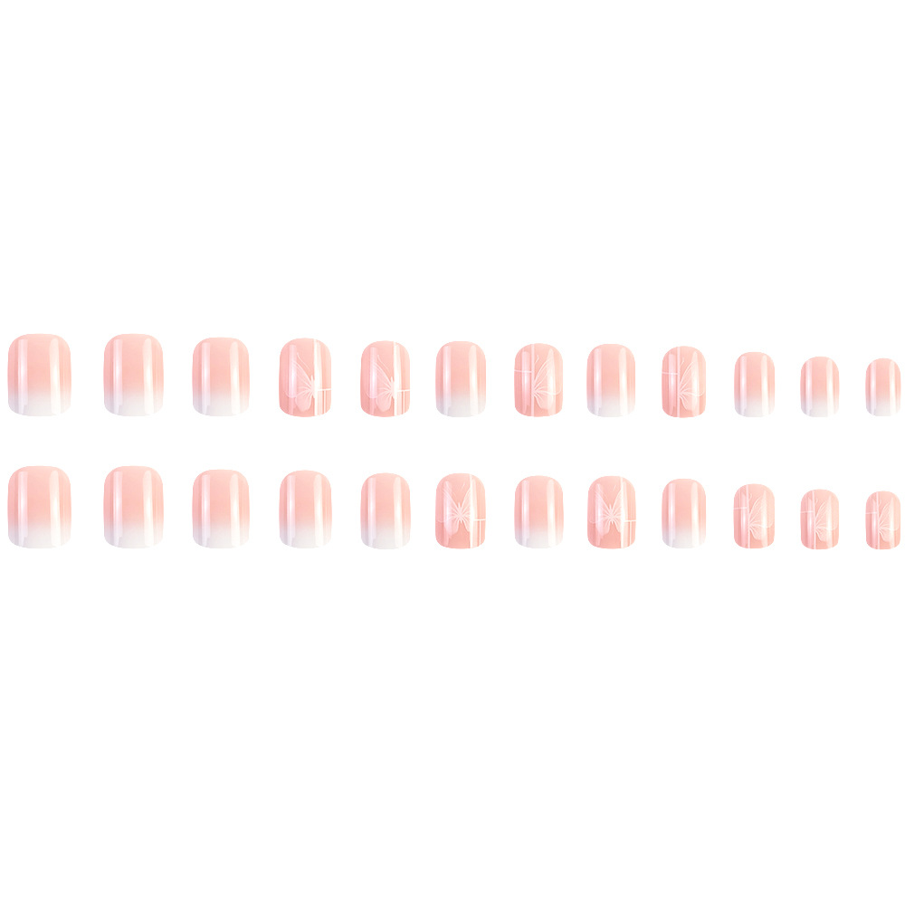 24-piece Short Square Pink Jelly Nail Polish With Gradient Butterfly Design Nail Set.Suitable For Women And Girls.Long Press On The Nail. — foto 2