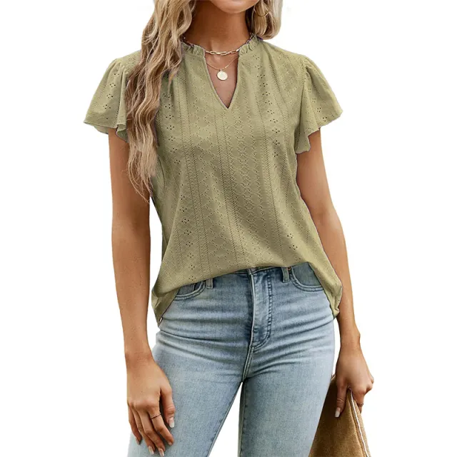 Jacquard V neck Pile Sleeve Short Sleeve Yellow - Shop at LoveMi