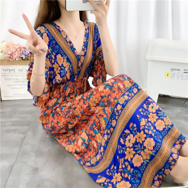 Women's Seaside Holiday Cotton Silk Dress Ethnic Style - Shop at LoveMi