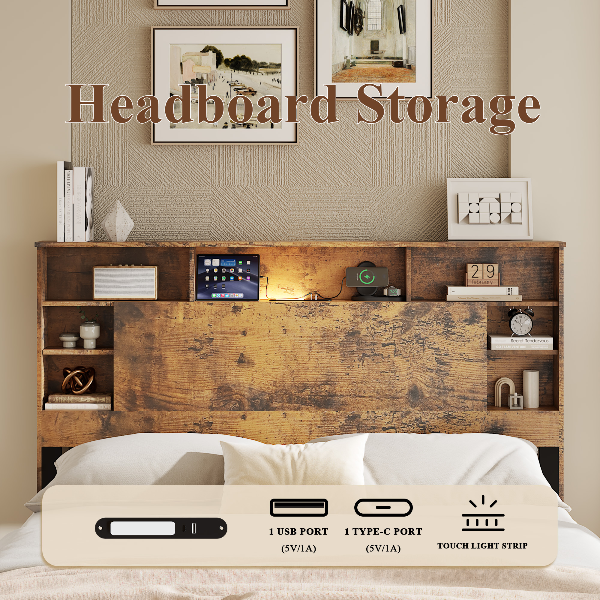 Full Wood Bed Frame With Bookcase Headboard, Charging Station & LED, Dark Brown — foto 4