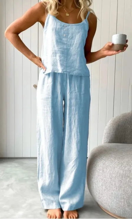 Women's New Solid Color Fashion Elastic Pants Sling Home Set Sky Blue - Shop at LoveMi