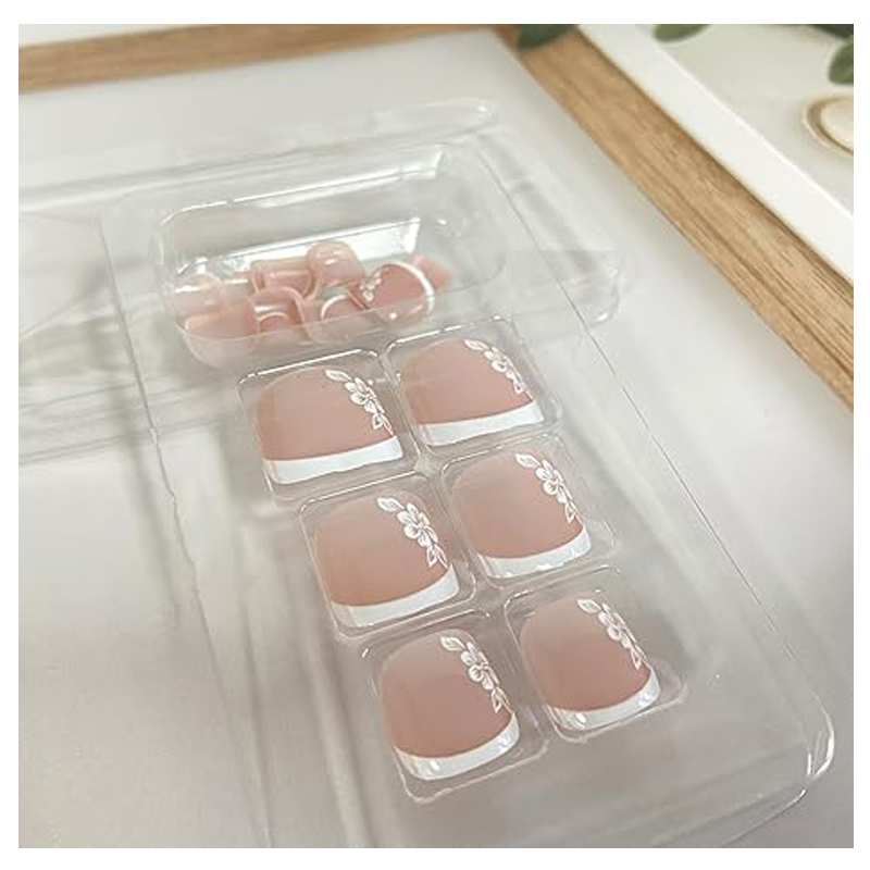 24PCS White Flowers Press On Toenails, French Tip Short Square Fake Toe Nails Full Cover ,Glue On Toenails Floral Designs False Toe Nails For Women Stick On Toenails
