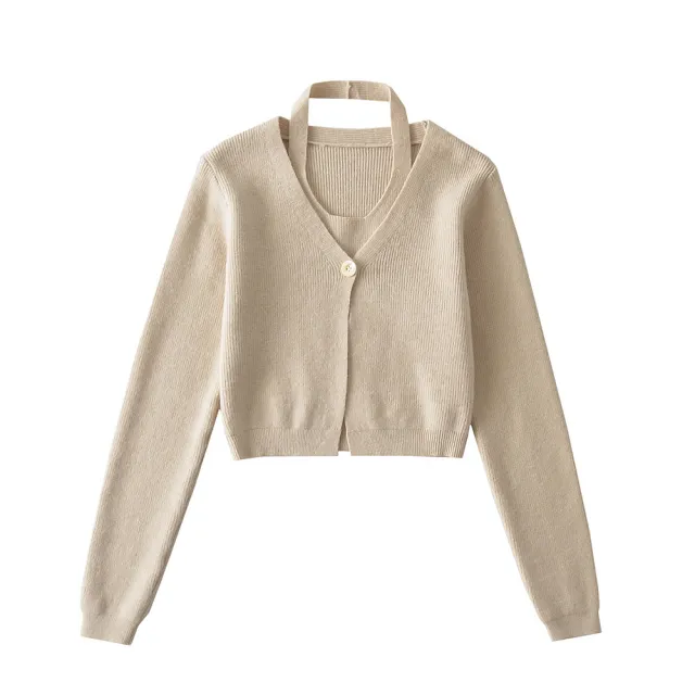 European And American Short Neck Knitting Vest Fashion Suit Apricot - Shop at LoveMi