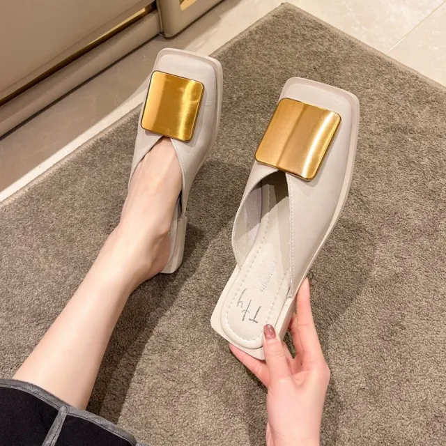 Women's Fashion Versatile Patent Leather Chunky High Heel Sandals Beige - Shop at LoveMi