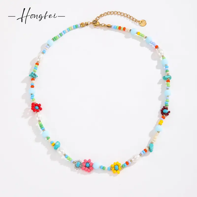 Boho Stainless Steel Pearl Flower Beaded Necklace