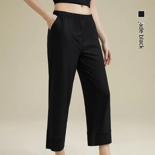 Women's Acetate Youke Silk Straight leg Pants Outer Wear Cool Ankle length Pants Leisure Pajamas Trousers Jade Black - Shop at LoveMi