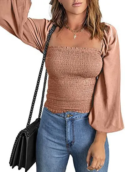 Square Neck Long Sleeve Waist Thin Lantern Sleeve Casual Top Women's Pullover Show Red - Shop at LoveMi