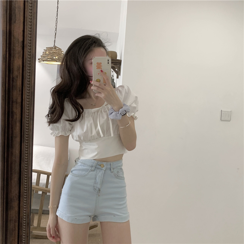 Title 8, Puff Sleeve Retro High Waist Slim Short Sleeve