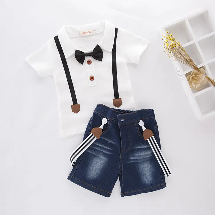 Children's Denim Suit New Summer Boy's Short-sleeved T-shirt Shoulder Strap Jeans 2-Piece Set
