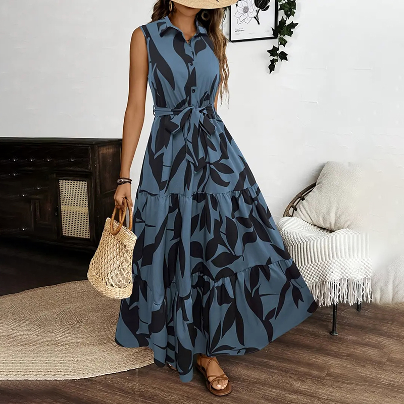 Women Sleeveless Boho Floral Maxi Dress Summer Button Shirt V Neck Flowy Belted Beach Vacation Dresses Blue - Shop at LoveMi
