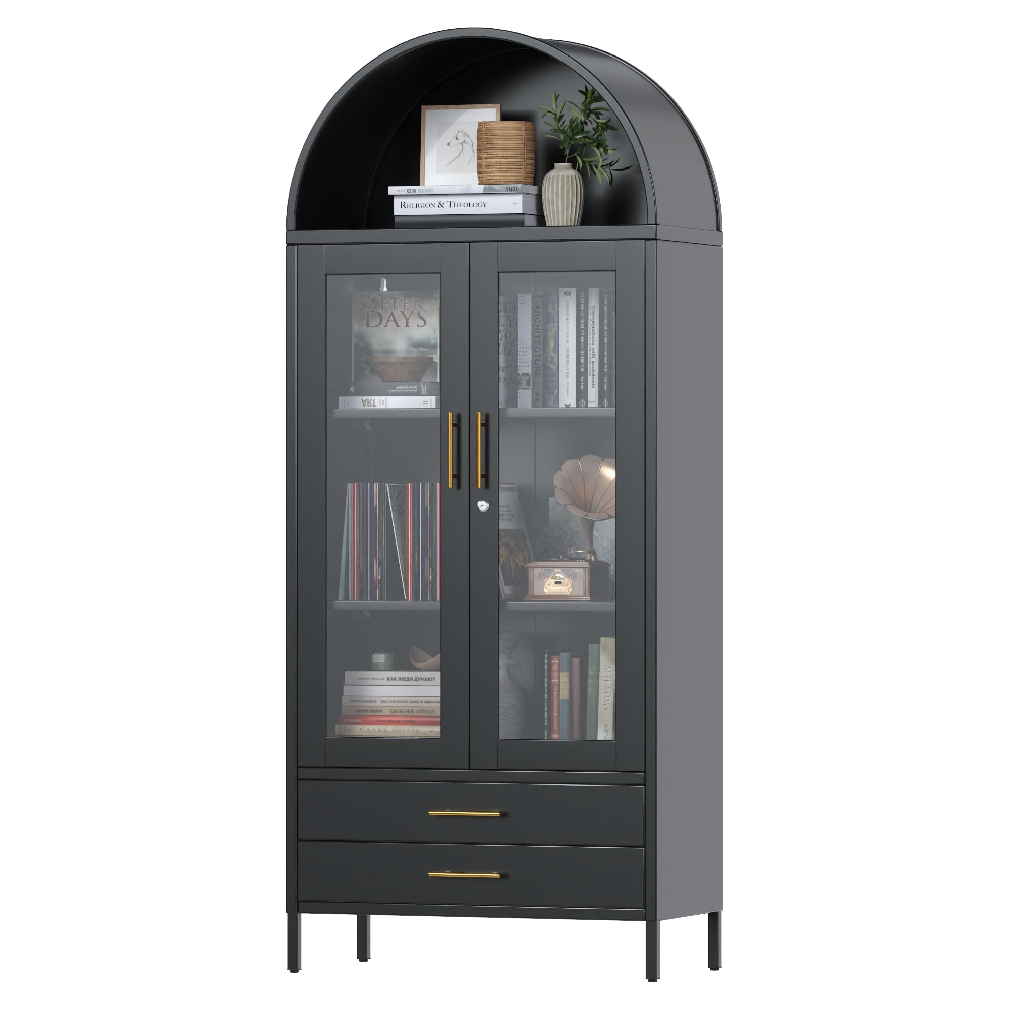 73 In Tall Metal Arched Cabinet, Kitchen Pantry Cabinet With Glass Doors, Modern Farmhouse Arched Bookcase With 2 Drawers And 2 Adjustable Shelves For Living Room, Black, Assembly Required